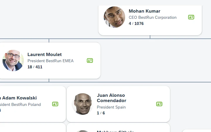 Het organogram in SAP SuccessFactors: de CEO bovenaan, daaronder de presidenten per regio en land met hun aantal medewerkers