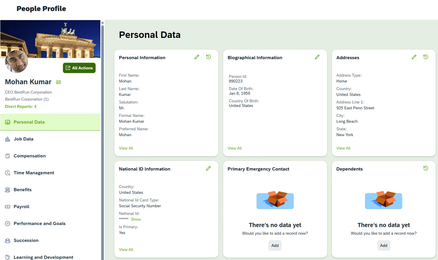 Het personeelsdossier in SAP SuccessFactors: persoonlijke gegevens, adres en identificatie van een medewerker, met links het menu van job data tot learning